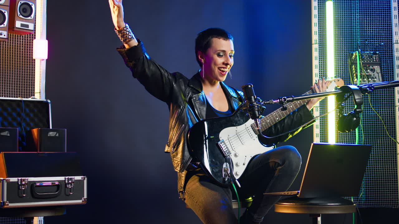 Woman Performing Music with Guitar and Microphone