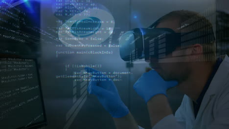 animación de procesamiento de datos sobre hombre caucásico usando auriculares vr en el taller