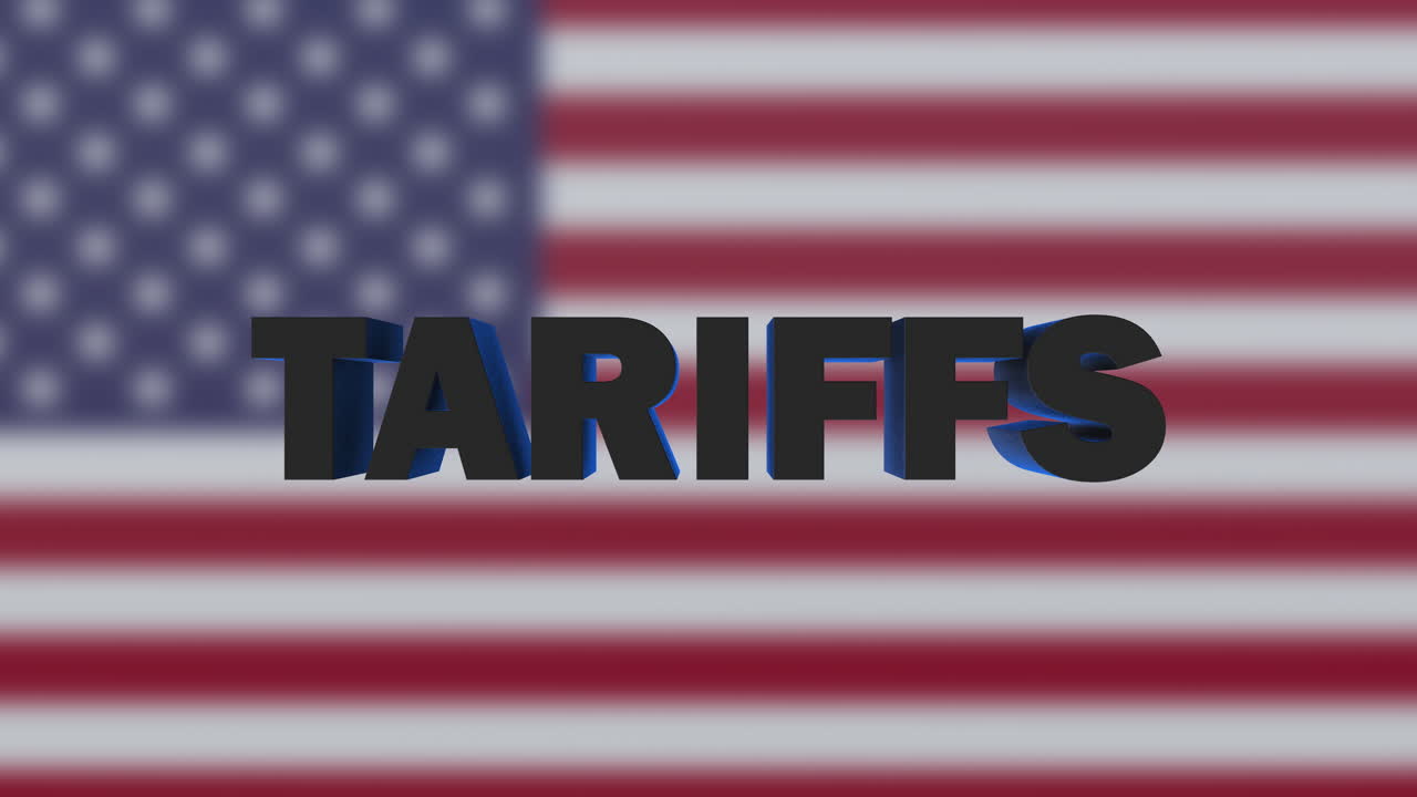 USA Flag with TARIFFS 3D Animation Text Appearing. Illustration Concept of United States Economy Imposing Tax on Imported Goods and Services from Abroad.