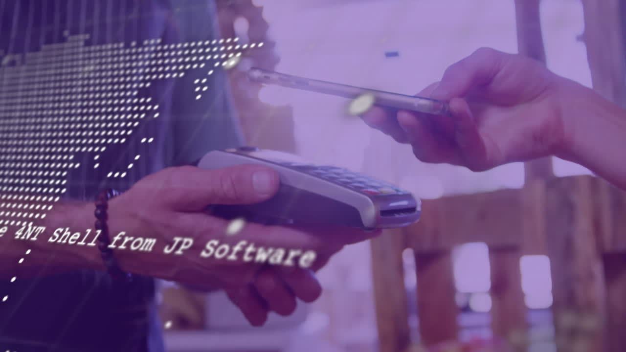 Contactless payment animation over hands using smartphone and card reader