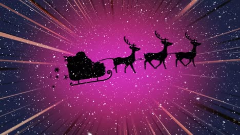 Animation-of-snow-falling-over-santa-claus-in-sleigh-with-reindeer-on-colorful-background