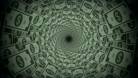 abstract background dollar bill spiral fly 3d tunnel looped animation.