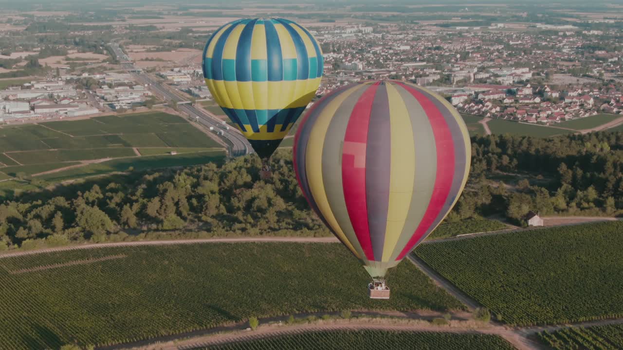 4k Aéreo: balões de ar quente muito próximos um do outro acima de vinhedos