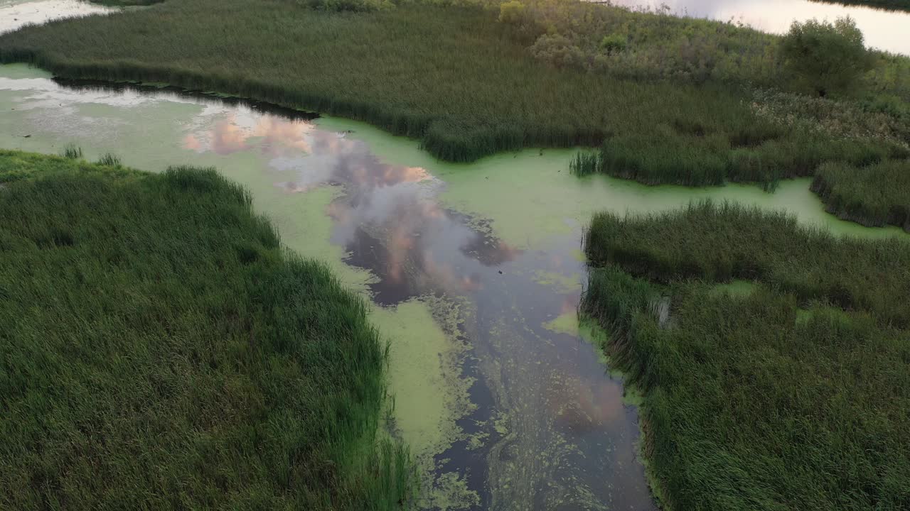 воздушный вид болота и реки с отражением облаков