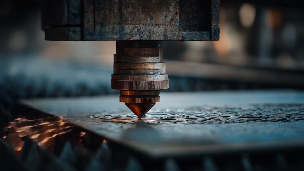 Precision Cutting Process: A Laser Emitting Sparks as It Engages with Metal Surface, Showcasing the Intricate Details of Material Manipulation in Manufacturing