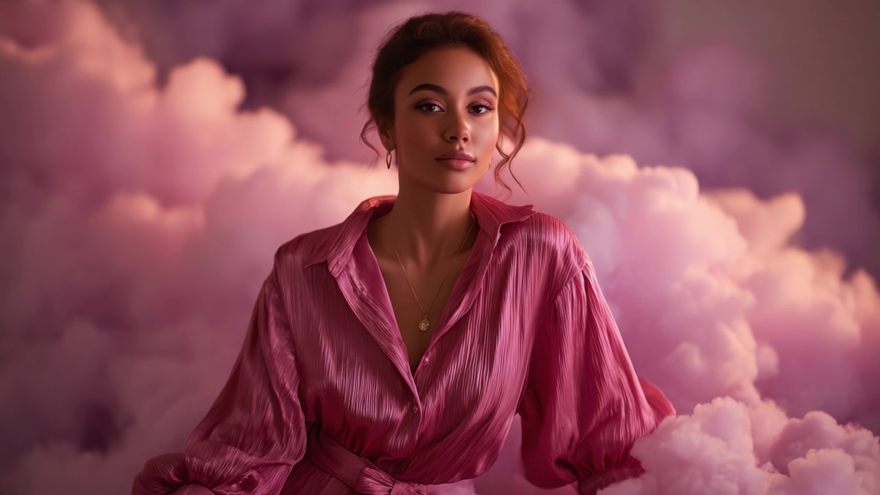 Un Ritratto Accattivante di una Donna in Rosa Circondata da Nuvole Rosa Sognanti, che Esprime Eleganza e Serenità in un'Atmosfera Soffice ed Eterea.