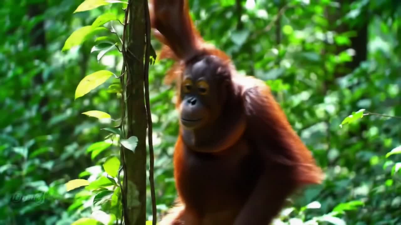 Young Orangutan Swinging Through the Lush Green Jungle Canopy