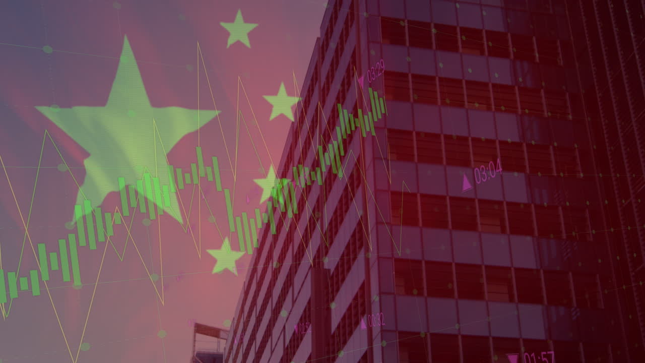 Animação da bandeira da China e processamento de dados sobre uma paisagem urbana.