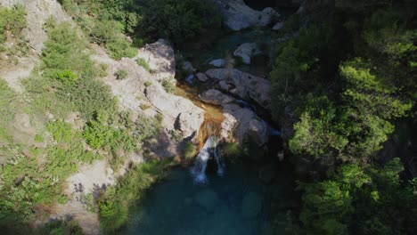 Mountain-stream-and-waterfalls-with-showy-turquoise-waters