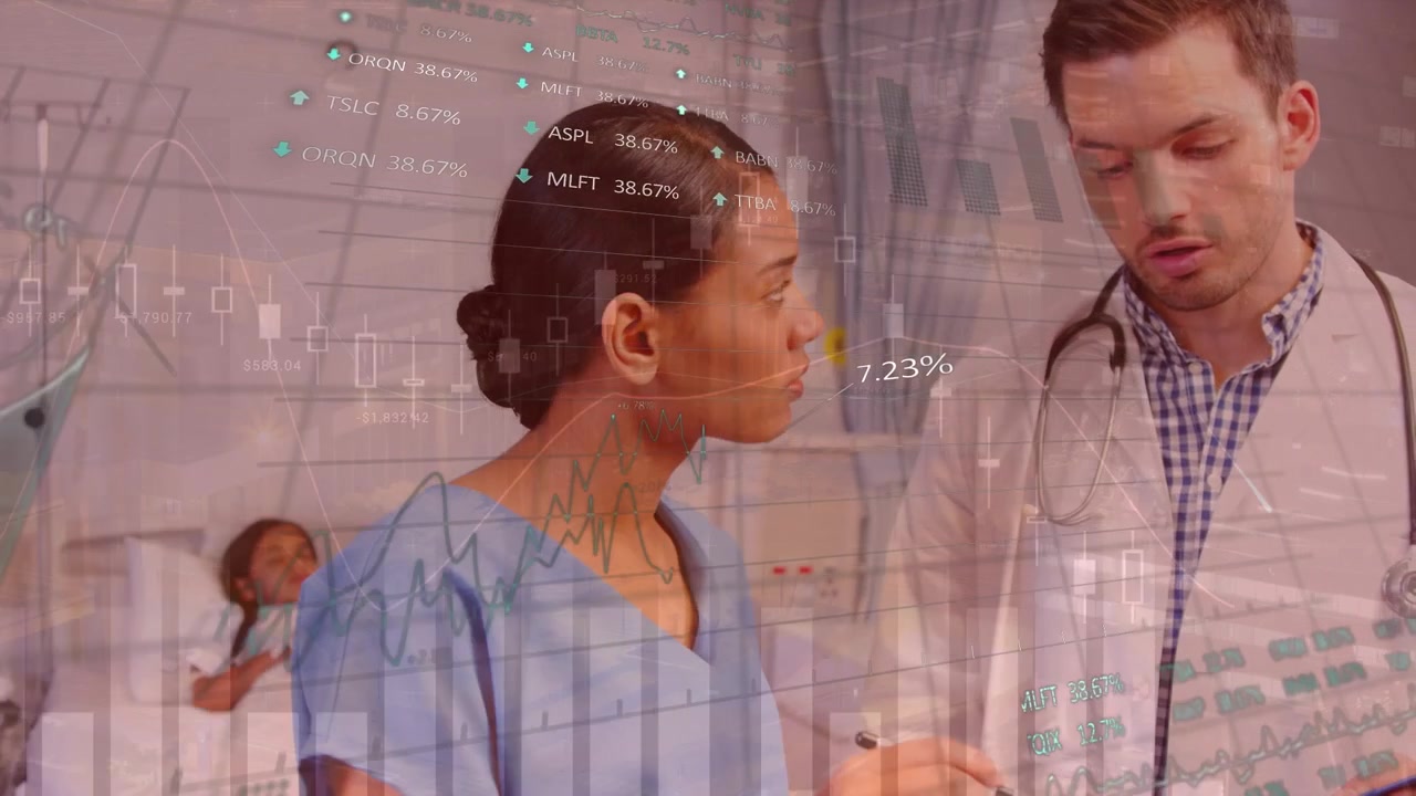 Animation of arrows and graphs over caucasian female and male doctors and senior patient
