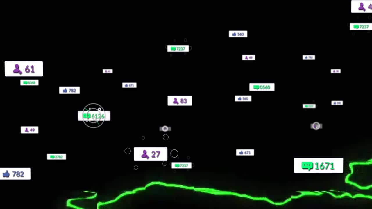 Animation of digital data points and notifications floating over green line graph