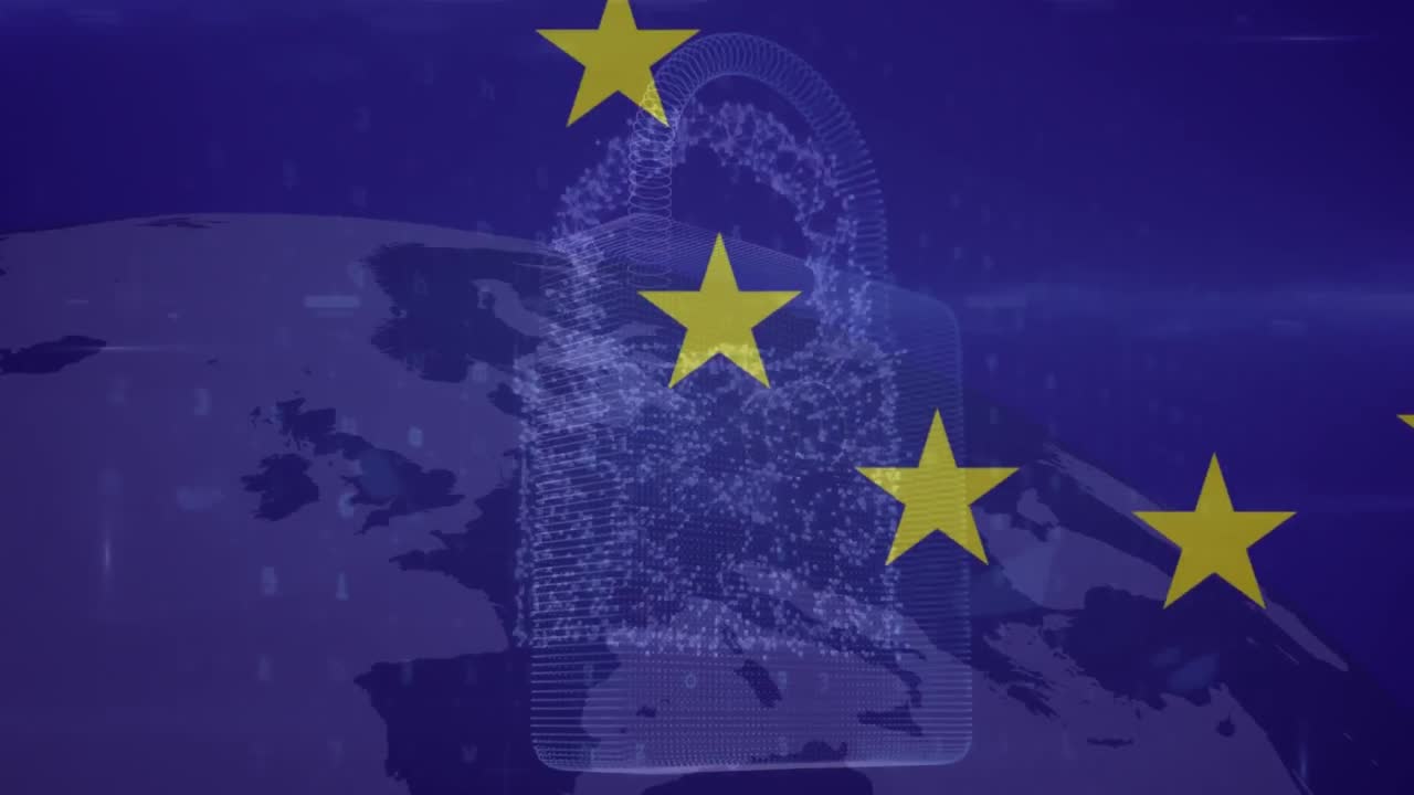 Animazione di mappa dell'Europa, lucchetto, elaborazione dati e bandiera dell'UE.