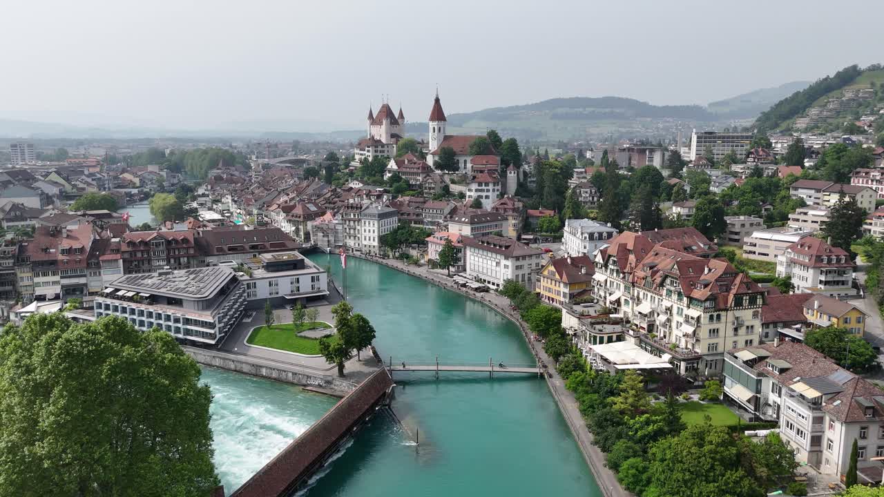 River front Thun town Switzerland drone,aerial