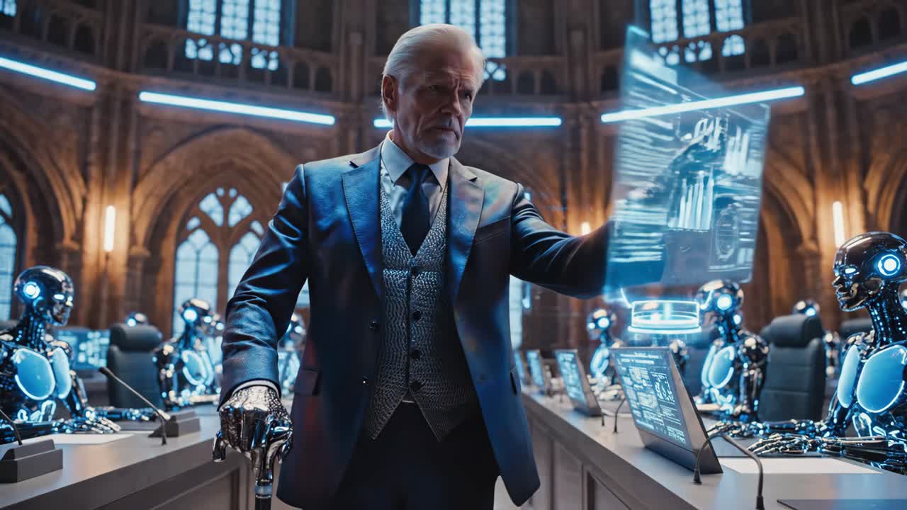 Futuristic Corporate Meeting with AI and Human Leadership