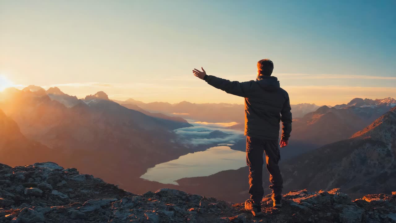 Man enjoying the sunrise view from a mountain peak