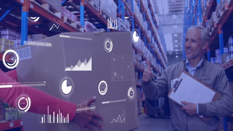 animation of data processing against caucasian male supervisor showing thumbs up at warehouse