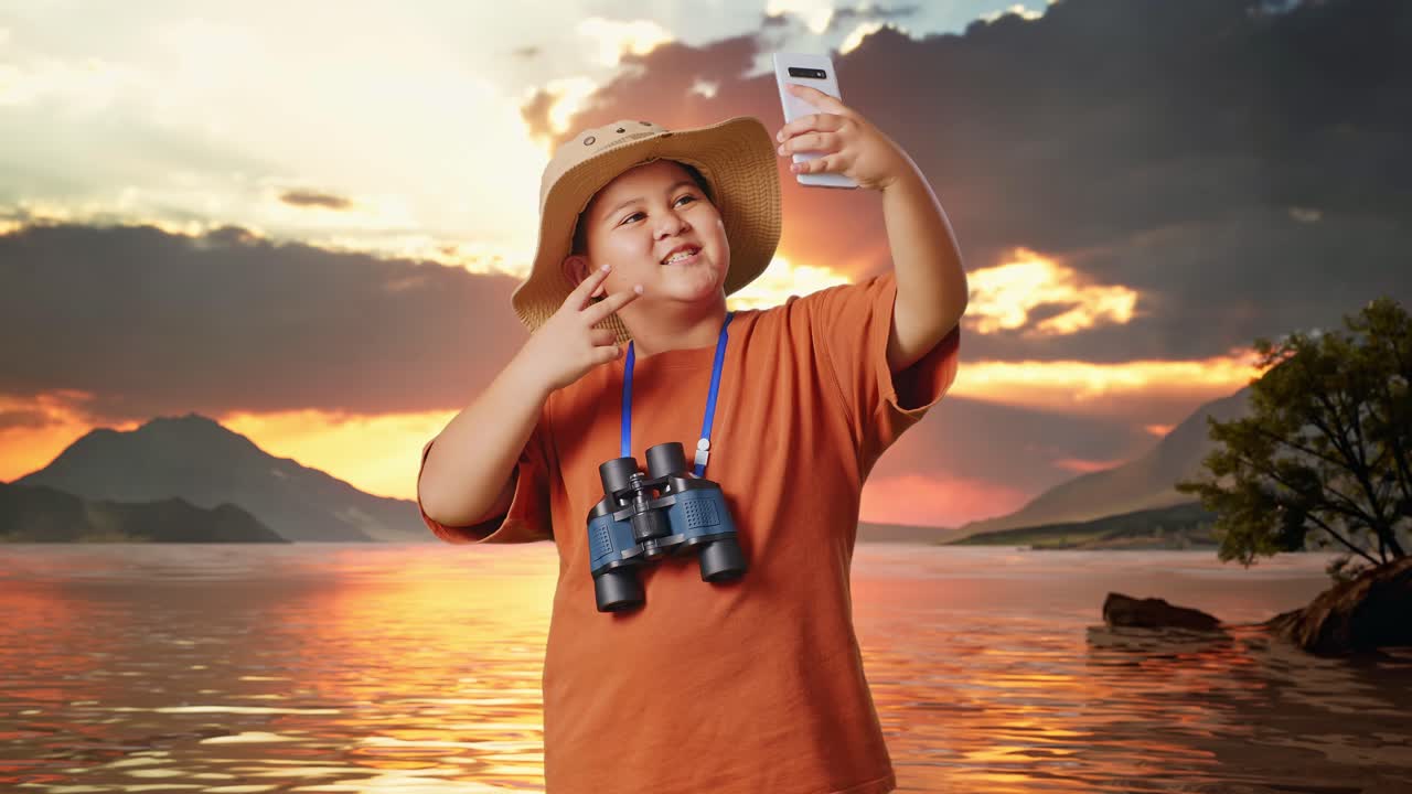 Asian Boy With A Hat And Binoculars Taking A Selfie On Smartphone At A Lake. Boy Researcher Examines Something, Travel Tourism Adventure Concept