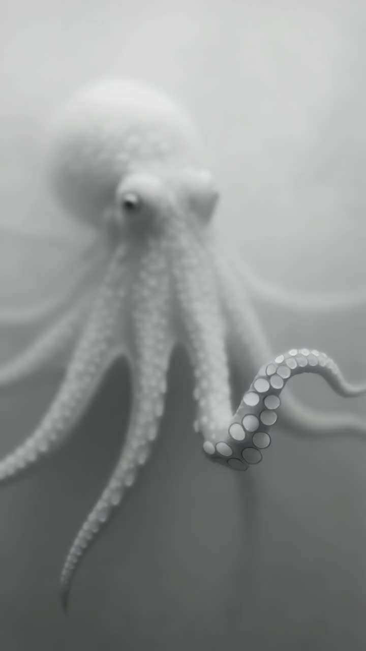 A monochrome, close-up video still of an octopus from a low angle, highlighting its tentacles