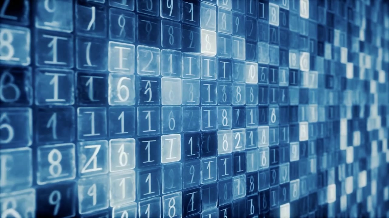 Digital Data Stream with Glowing Blue Numbers on Grid