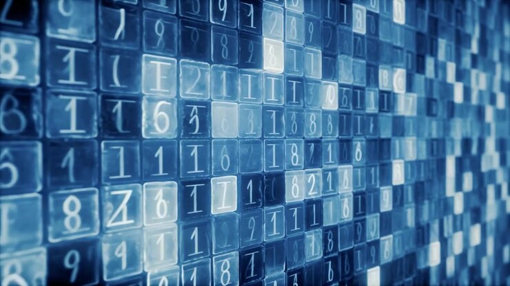 Digital Data Stream with Glowing Blue Numbers on Grid