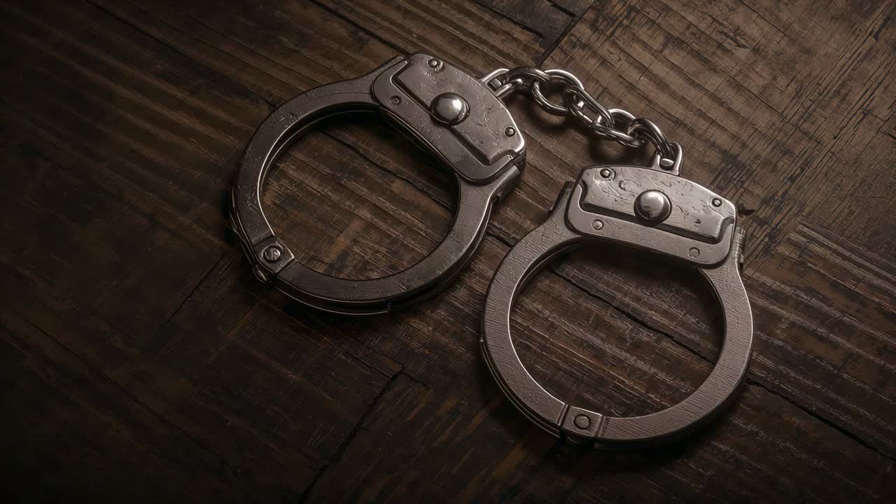 Luce mutevole che rivela un paio di manette di metallo su un tavolo di legno consumato, con rivetti e catena