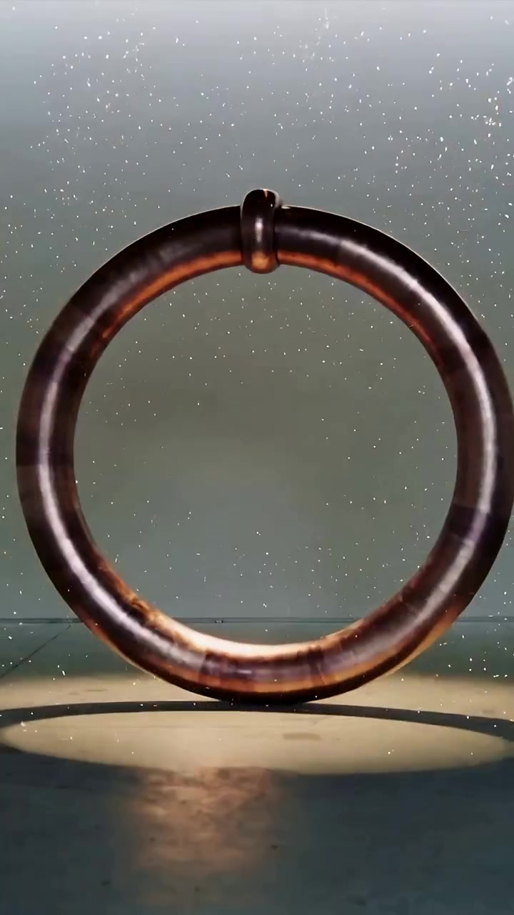 Vertical video: Emitting sparks from inner rim, bronze torus forming halo in gallery, with shadow