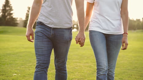 close up of an unrecognizable couple holding hands and walking together towards camera on meadow in the park