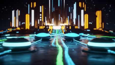 a vibrant futuristic landscape featuring glowing pathways and circular elements in a high-tech environment, capturing the essence of digital innovation and modern design