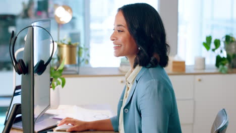 Face,-computer-and-business-woman-in-office