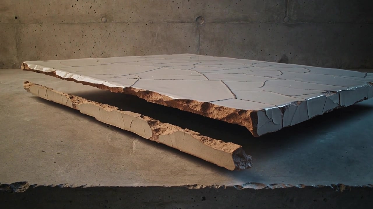 Cracking rectangular slab lifting top panel and sliding forward on concrete ledge, fissures opening