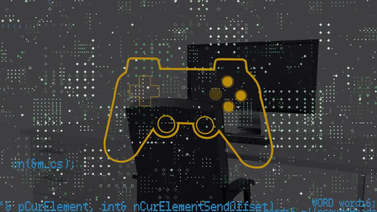 Animation of data processing and office over gamepad icon