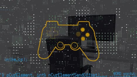 Animation-Der-Datenverarbeitung-Und-Des-Büros-über-Dem-Gamepad-Symbol