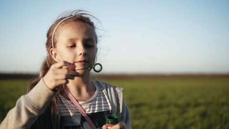 una niña linda está soplando burbujas de jabón en el prado en un día soleado. cámara lenta. infancia feliz. fondo borroso