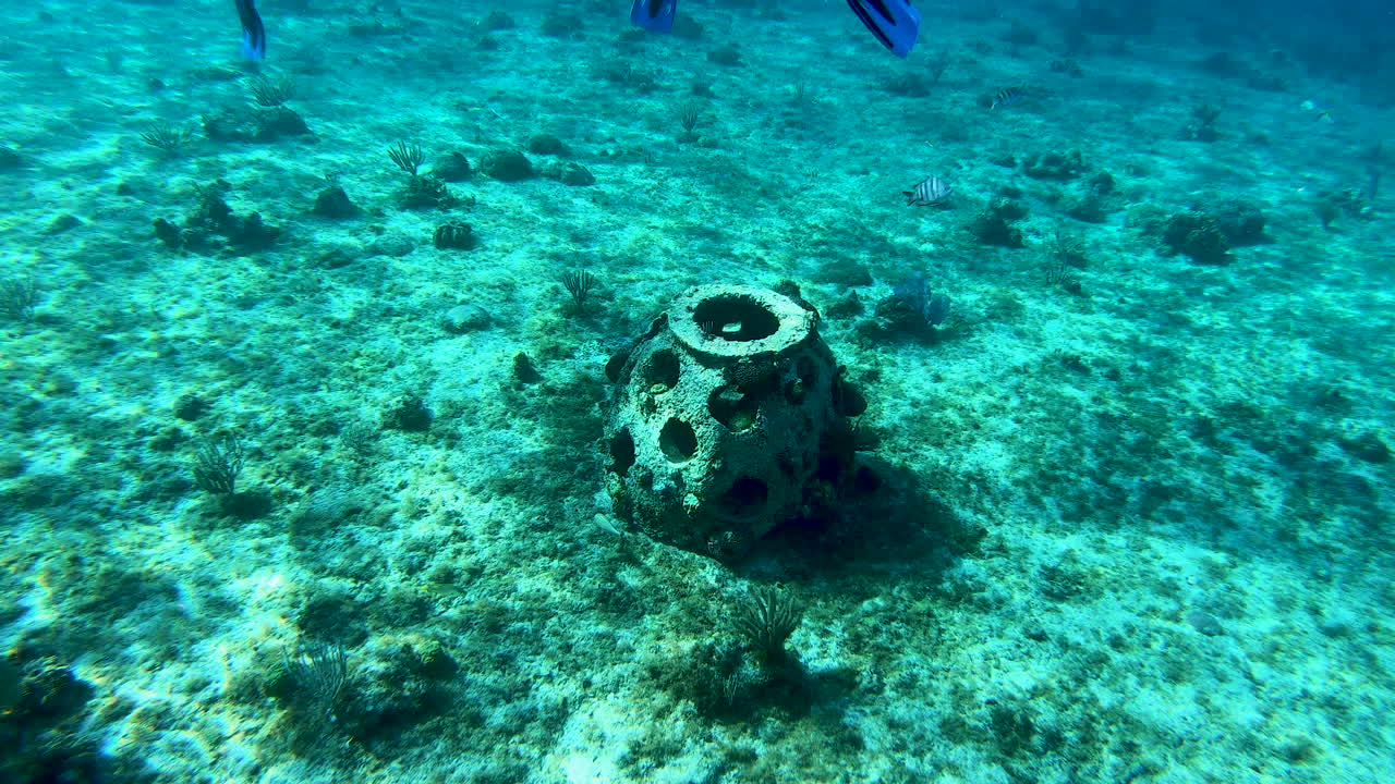 escultura de piedra bajo el agua una gran piedra de forma ovalada turquesa bajo el agua vista clara del arrecife de coral en el mar caribe