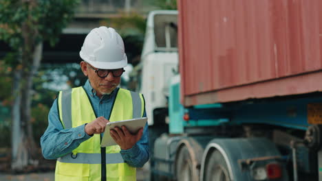engineer reviewing documents on tablet at a truck loading dock