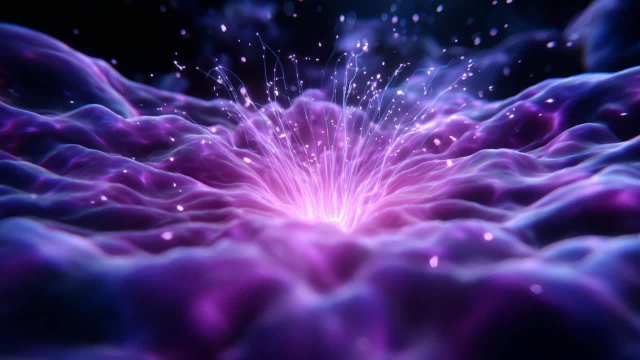 A Mesmerizing Visualization of Pulsating Energy Waves Emanating from the Vibrant Core of an Ethereal Purple Nebula Surrounded by Fluid-like Atmospheric Patterns Radiating with Sparkling Particles