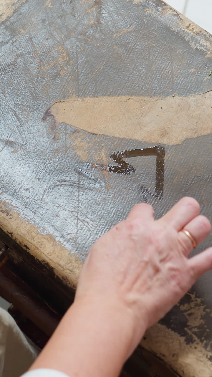 Unas manos blancas de estilo vintage revelan la pátina desgastada en la superficie de una maleta antigua; los dedos rozan el polvo y exponen una capa más oscura; un anillo en la mano enmarca a un restaurador, viajero, archivista, cuidador e historiador.