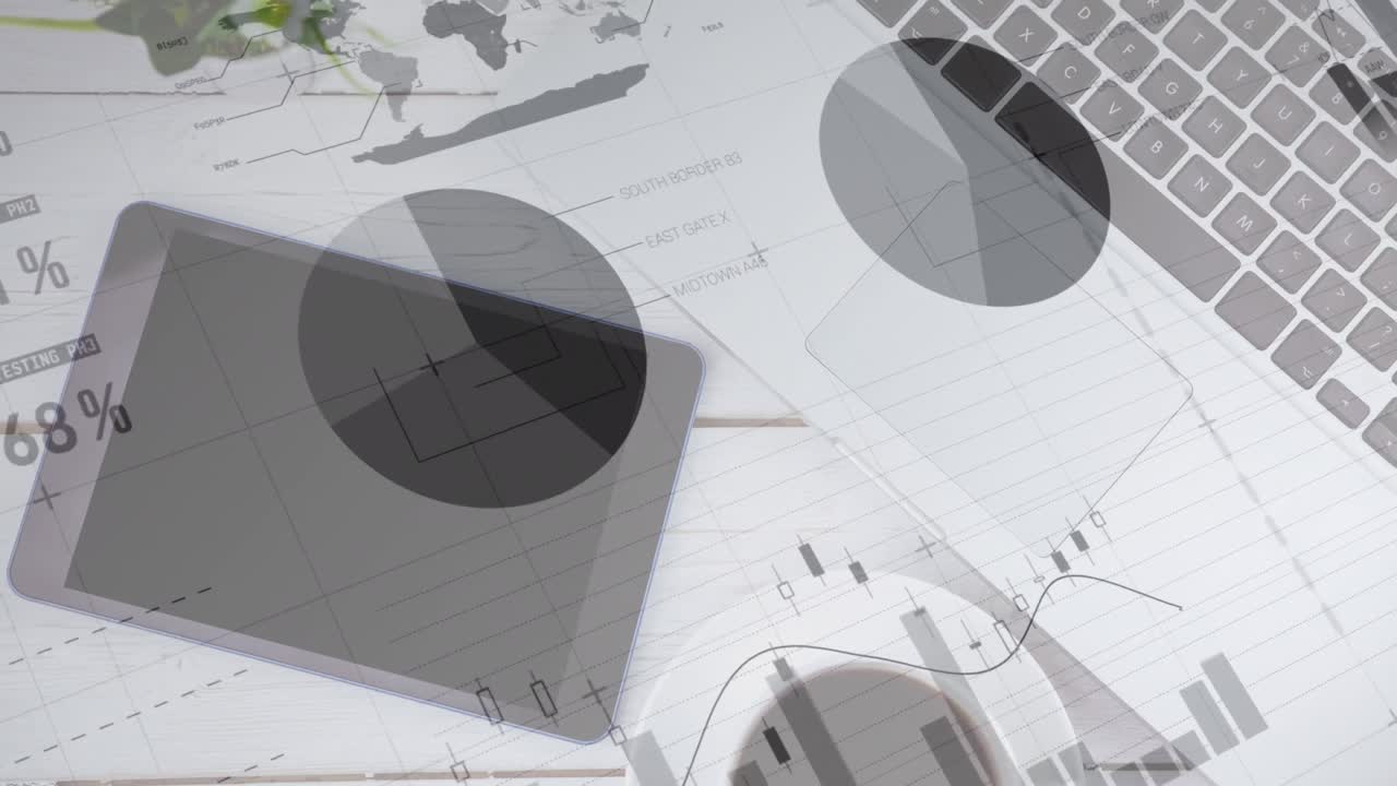 태블릿과 컴퓨터 키보드를 통해 통계 기록의 애니메이션