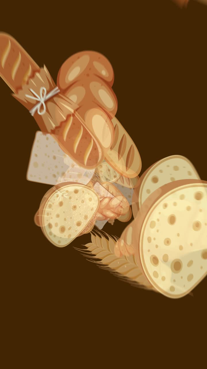 Various illustrated bread types, including baguettes, sandwich slices, and round loaves, rotate and overlap smoothly on a seamless brown backdrop with soft lighting