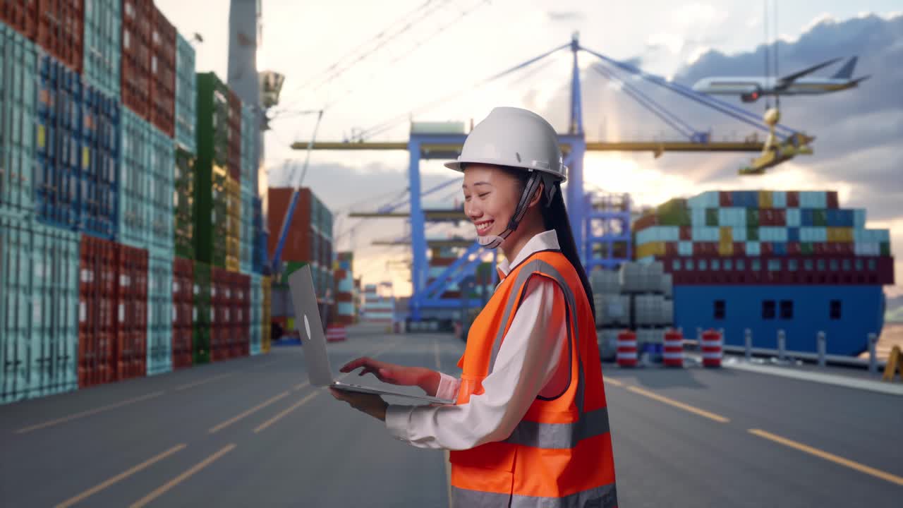 Side View of Asian Female Engineer Use Computer While Walking at Port with Container Ship and Cranes at Sunset