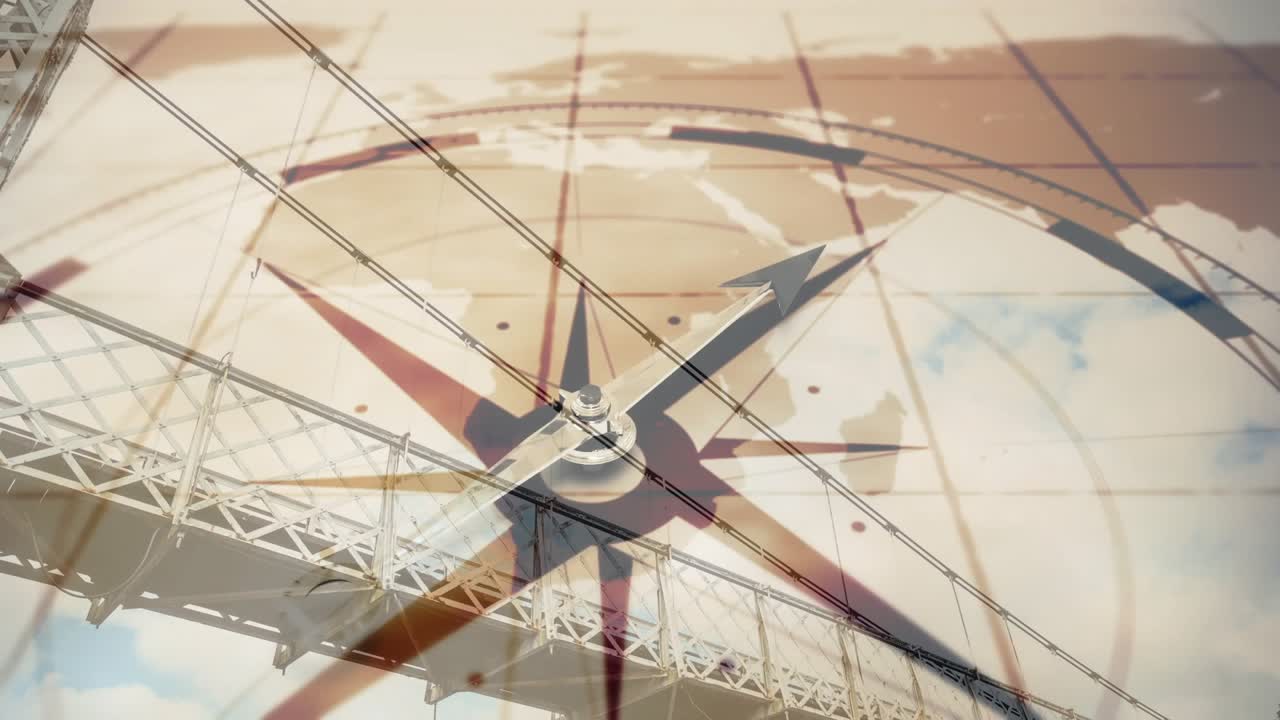 Animazione di una bussola con mappamondo sopra un ponte