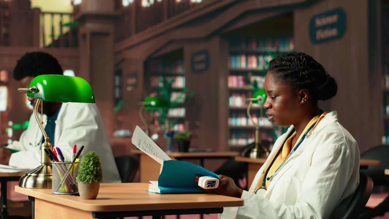 의학 학교에서 흑인 여성 학생은 옥시미터를 사용하고 연습에 대해 읽습니다.