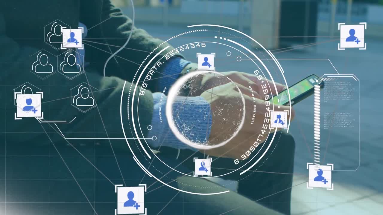 una red de iconos de conexiones y un globo giratorio contra el hombre usando un teléfono inteligente