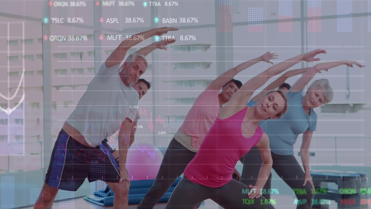 Instructor cueing lateral stretches to guide timing, class mirroring while charts intensifying