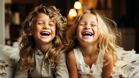 two children with curly hair smiling joyfully indoors during daytime