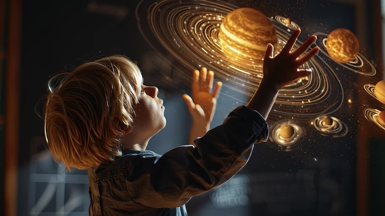 Child explores solar system model with interactive holographic display