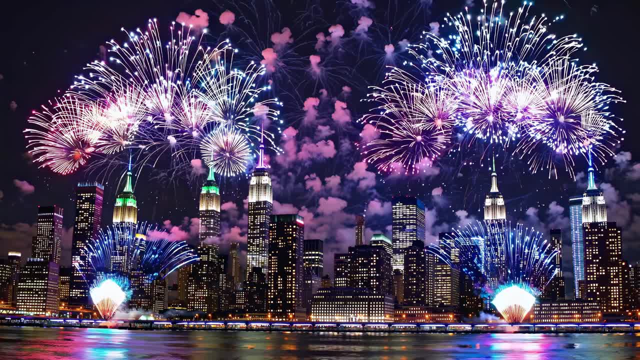 A vibrant video capturing a dazzling fireworks display over a city skyline at night