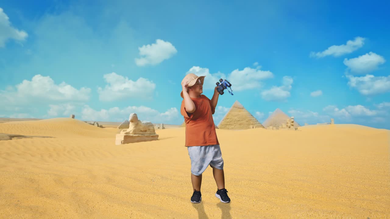 Asian Boy With A Hat Holding Binoculars And Dancing. Boy Researcher Examines Something While Traveling In Giza Pyramid, Travel Tourism Adventure Concept, Full Body