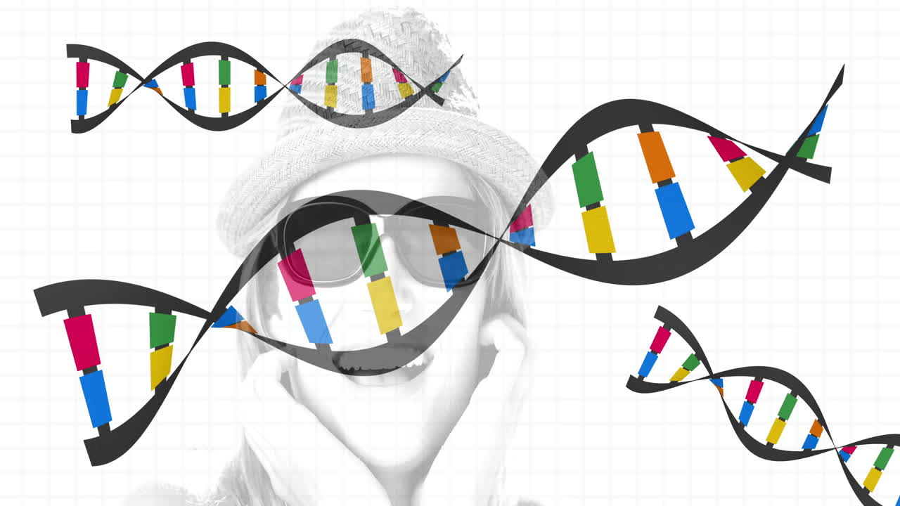 Animation of DNA strands with colorful segments over person in sunglasses and hat