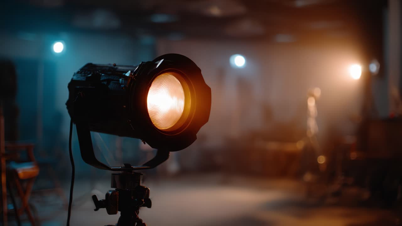 Un foco de escenario brillante ilumina el entorno del estudio, creando una atmósfera dinámica para la interpretación y los efectos visuales en entornos de producción cinematográfica.